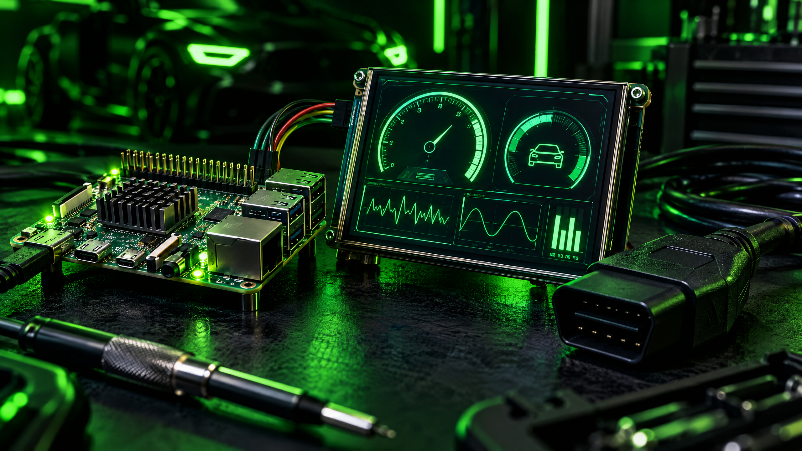 Detalle macro de Raspberry Pi, pantalla SPI y cable OBD