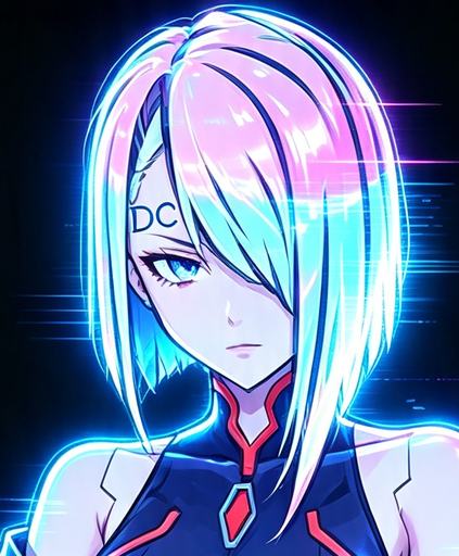 Rostro holográfico azul neón de Lucy